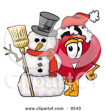 Clipart Picture of a Love Heart Mascot Cartoon Character With a Snowman on Christmas by Mascot Junction