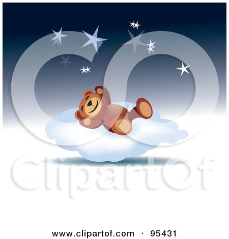 Royalty-Free (RF) Clipart Illustration of a Cute Teddy Bear Resting On A Fluffy White Cloud Under Stars by Eugene