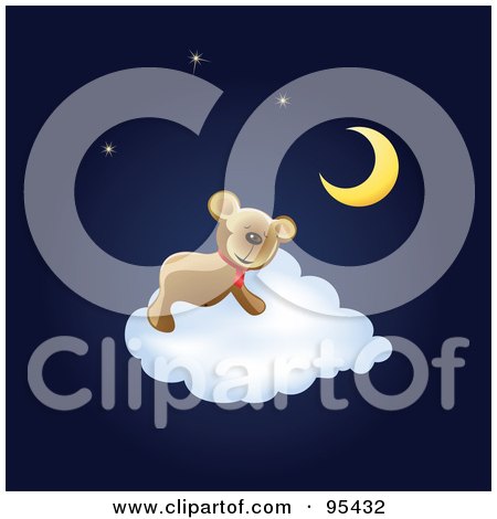 Royalty-Free (RF) Clipart Illustration of a Cute Teddy Sleeping On A Fluffy White Cloud Under The Moon And Stars by Eugene