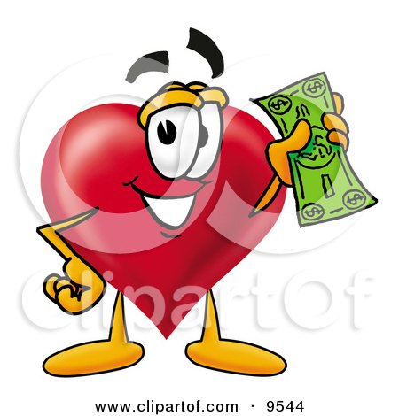Clipart Picture of a Love Heart Mascot Cartoon Character Holding a Dollar Bill by Mascot Junction