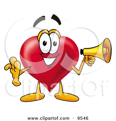 Clipart Picture of a Love Heart Mascot Cartoon Character Holding a Megaphone by Mascot Junction