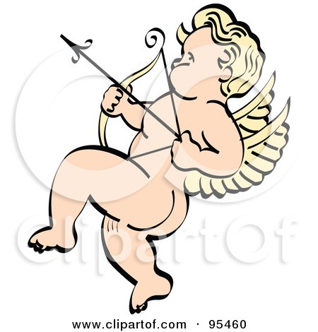 Royalty-Free (RF) Clipart Illustration of a Nude Blond Cupid Aiming An Arrow Up To The Left by Andy Nortnik