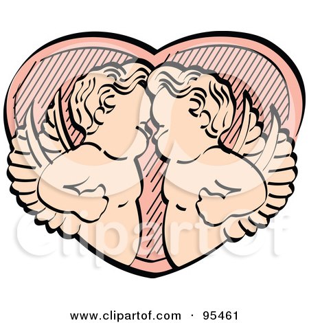 Royalty-Free (RF) Clipart Illustration of Two Victorian Cherubs Standing Face To Face Over A Peach Heart by Andy Nortnik