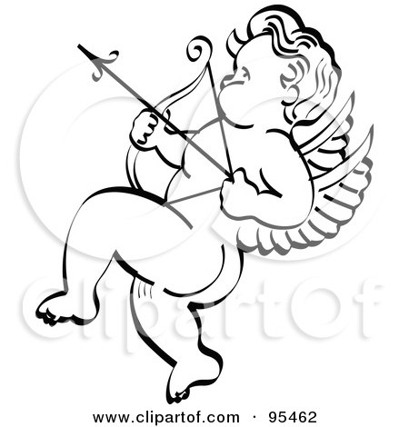 Royalty-Free (RF) Clipart Illustration of a Nude Black And White Cupid Aiming An Arrow Up To The Left by Andy Nortnik