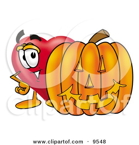 Clipart Picture of a Love Heart Mascot Cartoon Character With a Carved Halloween Pumpkin by Mascot Junction