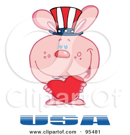 Royalty-Free (RF) Clipart Illustration of a Pink American Bunny Standing Over USA, Holding A Red Heart And Wearing A Patriotic Hat by Hit Toon
