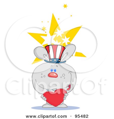 Royalty-Free (RF) Clipart Illustration of a Gray USA Bunny Holding A Red Heart And Wearing A Patriotic Hat by Hit Toon