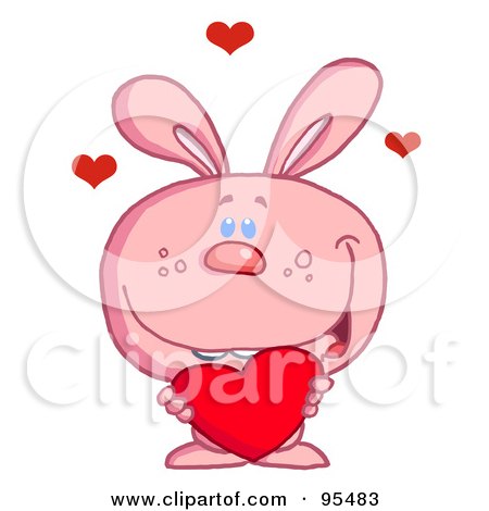 Royalty-Free (RF) Clipart Illustration of a Loving Pink Bunny Holding A Red Heart by Hit Toon