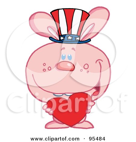 Royalty-Free (RF) Clipart Illustration of a Pink American Bunny Holding A Red Heart And Wearing A Patriotic Hat by Hit Toon