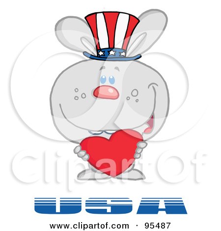 Royalty-Free (RF) Clipart Illustration of a Gray American Bunny Standing Over USA, Holding A Red Heart And Wearing A Patriotic Hat by Hit Toon