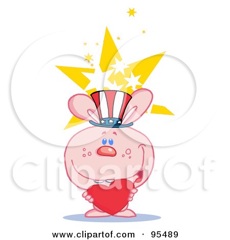Royalty-Free (RF) Clipart Illustration of a Pink Americana Bunny Holding A Red Heart And Wearing A Patriotic Hat by Hit Toon
