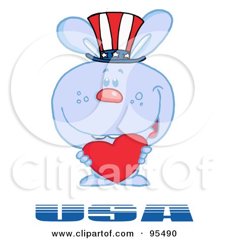 Royalty-Free (RF) Clipart Illustration of a Blue American Bunny Standing Over USA, Holding A Red Heart And Wearing A Patriotic Hat by Hit Toon