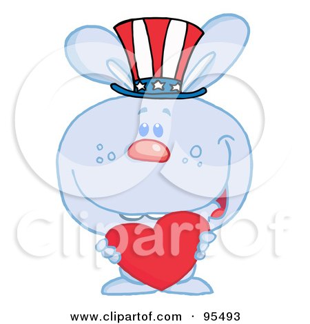 Royalty-Free (RF) Clipart Illustration of a Blue American Bunny Holding A Red Heart And Wearing A Patriotic Hat by Hit Toon