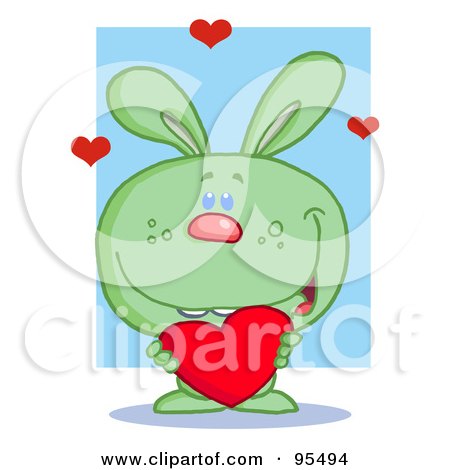 Royalty-Free (RF) Clipart Illustration of a Sweet Green Bunny Holding A Red Heart by Hit Toon
