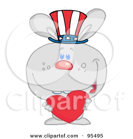 Royalty-Free (RF) Clipart Illustration of a Gray American Bunny Holding A Red Heart And Wearing A Patriotic Hat by Hit Toon