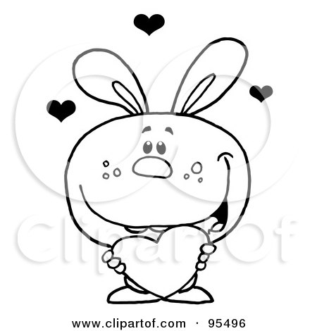 Royalty-Free (RF) Clipart Illustration of a Loving Outlined Bunny Holding A Red Heart by Hit Toon
