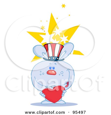 Royalty-Free (RF) Clipart Illustration of a Blue USA Bunny Holding A Red Heart And Wearing A Patriotic Hat by Hit Toon