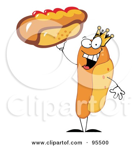 Royalty-Free (RF) Clipart Illustration of a King Hot Dog Holding Up A Garnished Hot Dog by Hit Toon