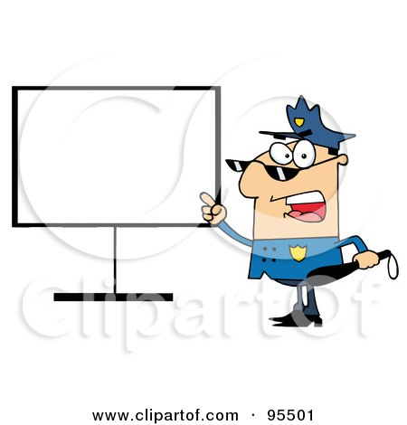 Royalty-Free (RF) Clipart Illustration of a Police Officer Shouting And Pointing To A Blank Sign by Hit Toon