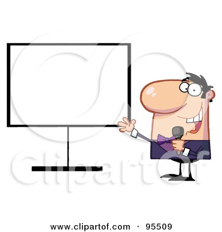 Royalty-Free (RF) Clipart Illustration of a Talk Show Host Beside A Blank Board by Hit Toon