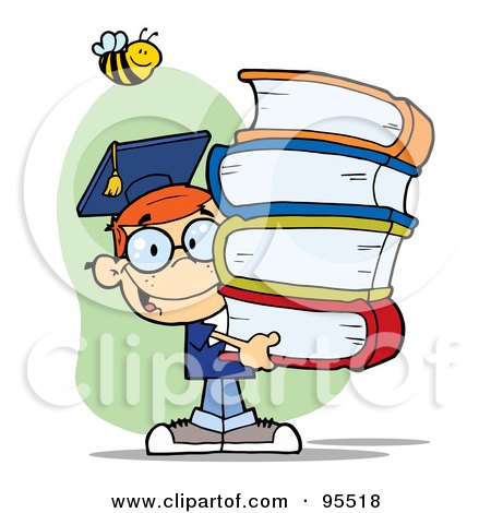 Royalty-Free (RF) Clipart Illustration of a Bee Over A Happy Red Head Graduate School Boy Carrying A Stack Of Books by Hit Toon