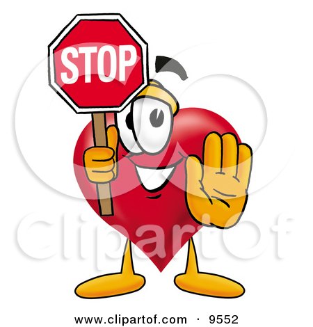 Clipart Picture of a Love Heart Mascot Cartoon Character Holding a Stop Sign by Mascot Junction