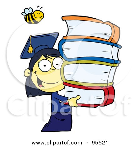 Royalty-Free (RF) Clipart Illustration of a Bee Over An Oriental Graduate School Girl Carrying A Stack Of Books by Hit Toon