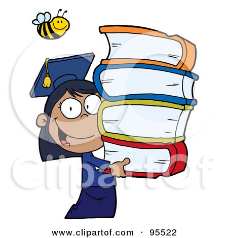Royalty-Free (RF) Clipart Illustration of a Bee Over An African American Graduate School Girl Carrying A Stack Of Books by Hit Toon