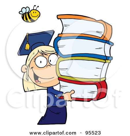 Royalty-Free (RF) Clipart Illustration of a Bee Over A Caucasian Graduate School Girl Carrying A Stack Of Books by Hit Toon