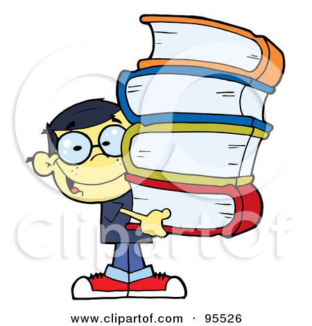 Royalty-Free (RF) Clipart Illustration of a Smart Oriental School Boy Carrying A Stack Of Books by Hit Toon