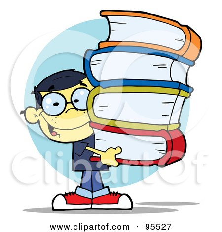 Royalty-Free (RF) Clipart Illustration of a Smart Asian School Boy Carrying A Stack Of Books by Hit Toon