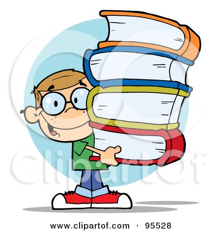 Royalty-Free (RF) Clipart Illustration of a Smart Dirty Blond School Boy Carrying A Stack Of Books by Hit Toon