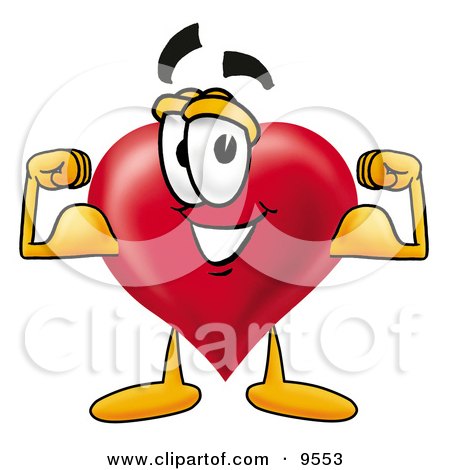 Clipart Picture of a Love Heart Mascot Cartoon Character Flexing His Arm Muscles by Mascot Junction