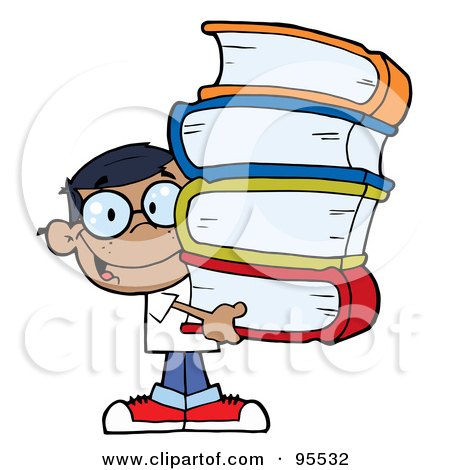 Royalty-Free (RF) Clipart Illustration of a Smart African American School Boy Carrying A Stack Of Books by Hit Toon