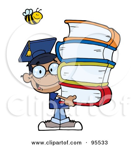Royalty-Free (RF) Clipart Illustration of a Bee Over A Happy African American Graduate School Boy Carrying A Stack Of Books by Hit Toon