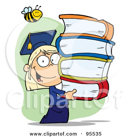 Royalty-Free (RF) Clipart Illustration of a Bee Over A Blond Graduate School Girl Carrying A Stack Of Books by Hit Toon