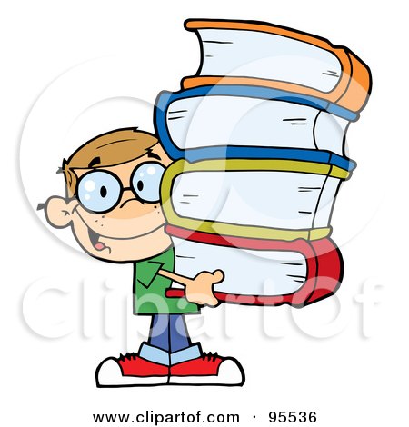 Royalty-Free (RF) Clipart Illustration of a Smart Caucasian School Boy Carrying A Stack Of Books by Hit Toon