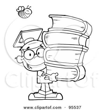 Royalty-Free (RF) Clipart Illustration of a Bee Over An Outlined Graduate School Boy Carrying A Stack Of Books by Hit Toon