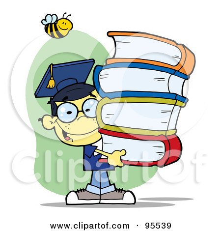 Royalty-Free (RF) Clipart Illustration of a Bee Over A Happy Oriental Graduate School Boy Carrying A Stack Of Books by Hit Toon
