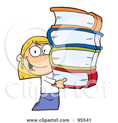 Royalty-Free (RF) Clipart Illustration of a Smart Blond Caucasian School Girl Carrying A Stack Of Books by Hit Toon