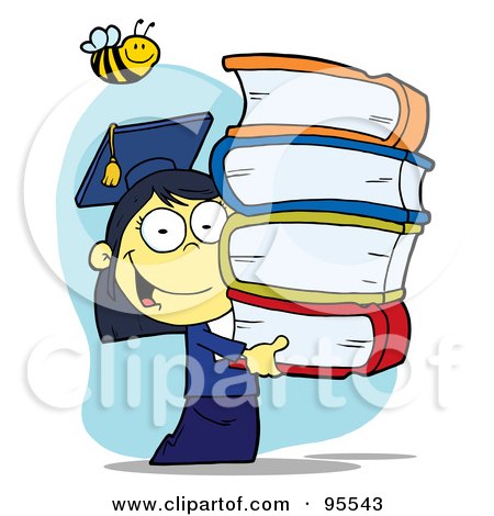 Royalty-Free (RF) Clipart Illustration of a Bee Over An Asian Graduate School Girl Carrying A Stack Of Books by Hit Toon