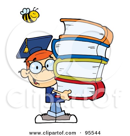 Royalty-Free (RF) Clipart Illustration of a Bee Over A Happy Red Haired Graduate School Boy Carrying A Stack Of Books by Hit Toon