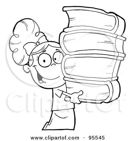 Royalty-Free (RF) Clipart Illustration of a Smart Outlined School Girl Carrying A Stack Of Books by Hit Toon