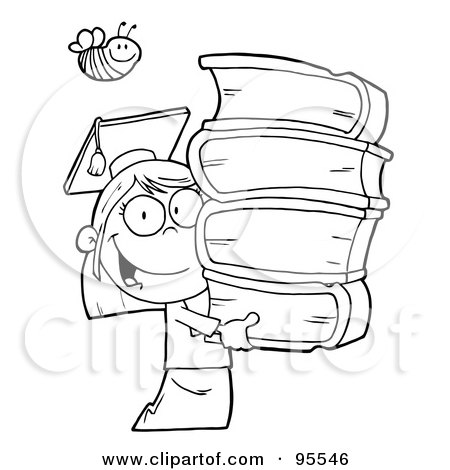 Royalty-Free (RF) Clipart Illustration of a Bee Over An Outlined Graduate School Girl Carrying A Stack Of Books by Hit Toon