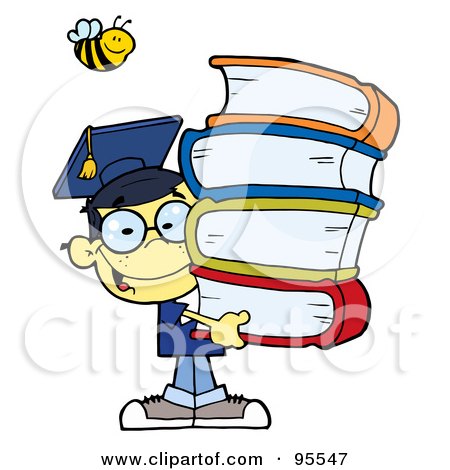 Royalty-Free (RF) Clipart Illustration of a Bee Over A Happy Asian Graduate School Boy Carrying A Stack Of Books by Hit Toon