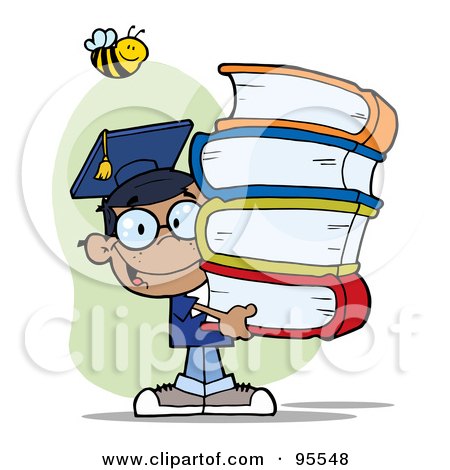Royalty-Free (RF) Clipart Illustration of a Bee Over A Happy Black Graduate School Boy Carrying A Stack Of Books by Hit Toon