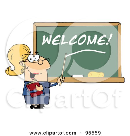 Royalty-Free (RF) Clipart Illustration of a Blond Female School Teacher Pointing To Welcome On A Chalkboard by Hit Toon