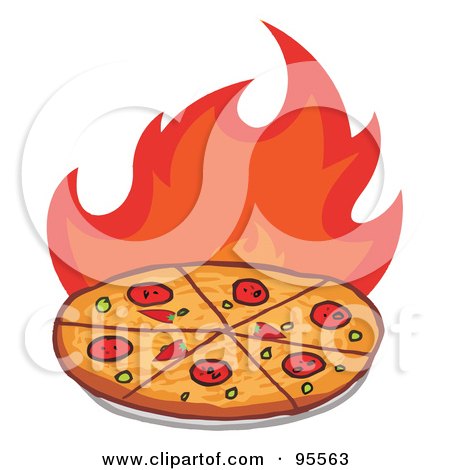 Royalty-Free (RF) Clipart Illustration of a Pizza Pie Cooking Over Flames - 1 by Hit Toon