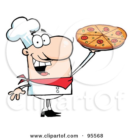 Royalty-Free (RF) Clipart Illustration of a Happy Caucasian Chef Presenting His Pizza Pie - 1 by Hit Toon