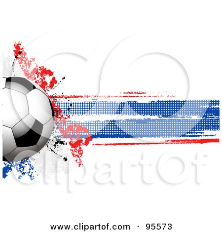 Royalty-Free (RF) Clipart Illustration of a Soccer Ball Over A Grungy Halftone French Flag by elaineitalia